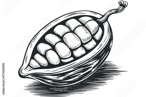 Cocoa pod with beans engraving