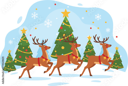 Christmas Reindeer and Decorated Trees in Winter Snow Scene Illustration