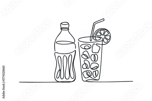 Glass of Cold Drink with Ice and Bottle