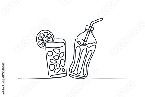 Line art drawing of cold drink in glass and bottle