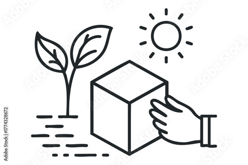 Plant Growing Near Cube Hand and Sun Icon