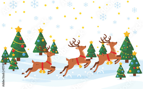 Christmas Reindeer and Decorated Trees in Winter Snow Scene Illustration