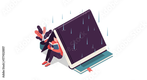 A whimsical scene showing a person reading under a giant book during a rain shower, symbolizing the shelter and comfort of literature.