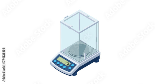 Isometric drawing of a digital laboratory scale used for scientific research and industrial applications to accurately measure the weight of an object.