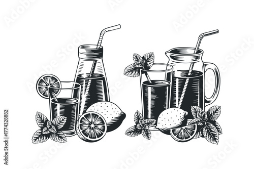 Refreshing drink pitcher and glasses with lemon and mint