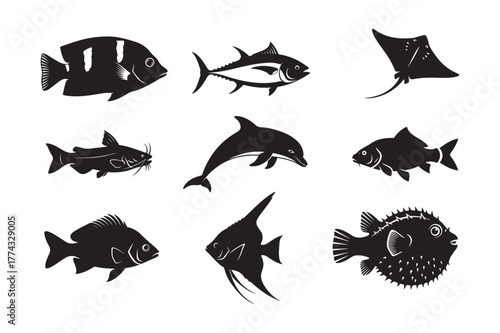 Fish silhouette vector illustration, Set of Fish silhouette vector 