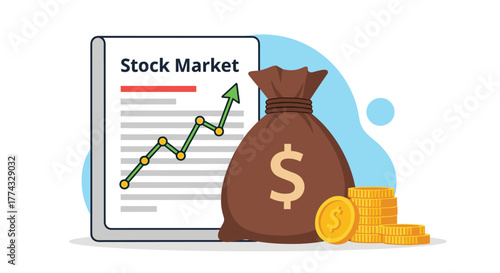 Stock market analysis shows upward trends with money bag and coins indicating financial success and investment opportunities.