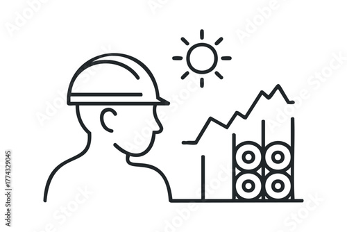 Industry worker with upward trend graph and raw material stacks