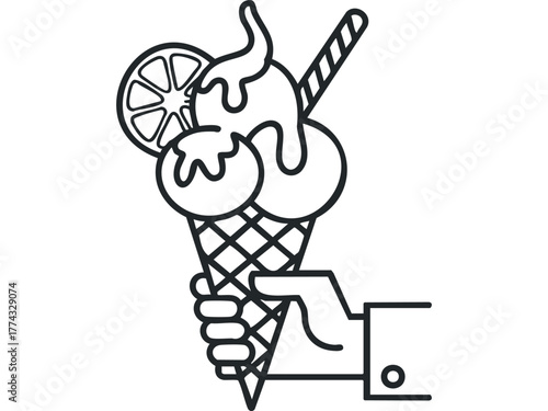 Hand holding ice cream cone with lemon slice and wafer