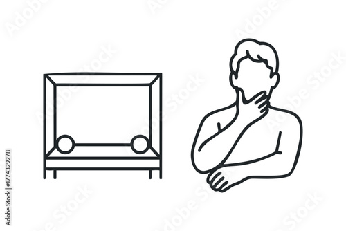 Man contemplating holding his chin next to an empty frame