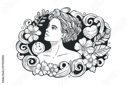 Woman portrait with floral and swirl frame in sketch style