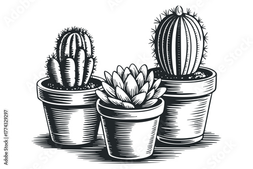 Potted succulent plants and cacti variety