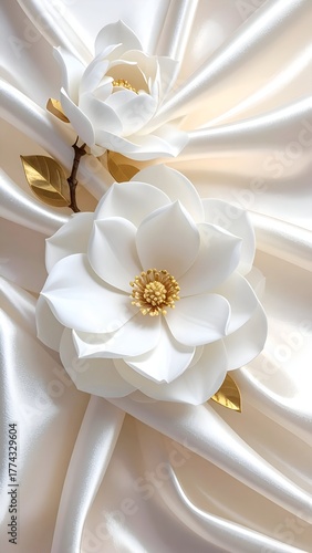 Elegant white flowers made of silk gracefully arranged on a luxurious satin fabric background