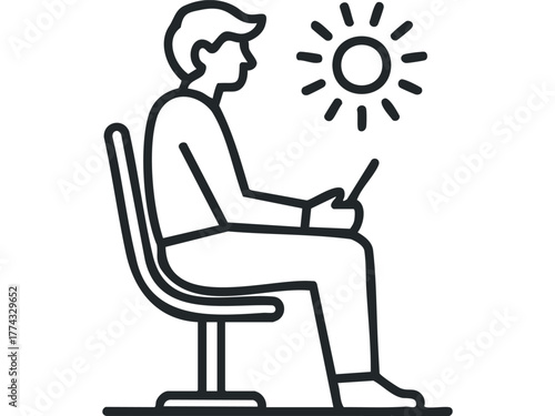Person sitting with tablet and sun symbol