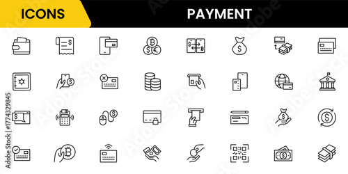 Payment are simple, minimal, thin line icons. Related money, credit card, atm, purchase, bill. Editable stroke. Vector illustration.