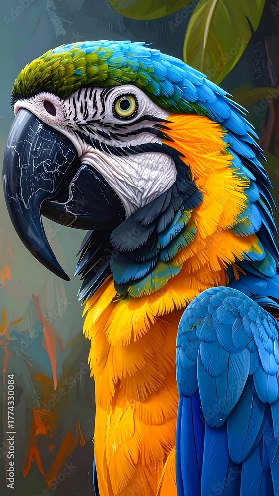 Obraz premium A vibrantly colored parrot portrait with blue, gold, and green feathers