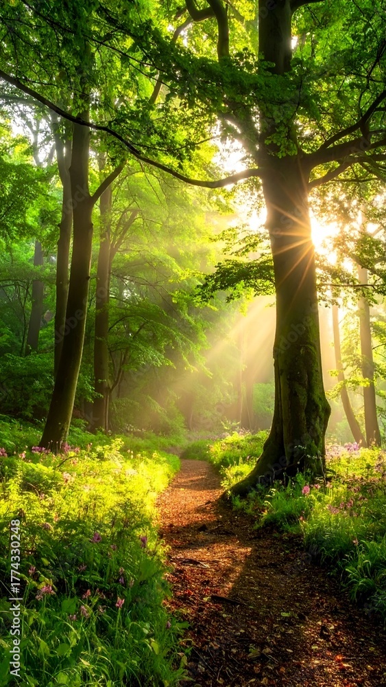 Naklejka premium Serene forest pathway illuminated by sunlight, showcasing vibrant greenery and blooming flowers