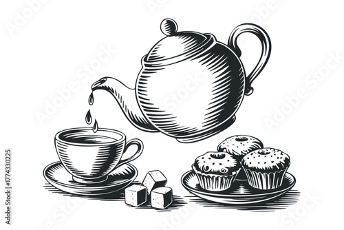 Teapot pouring tea into cup with muffins and sugar cubes