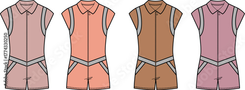 Collection of fashionable sleeveless rompers in various pastel shades, perfect for summer fashion