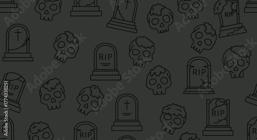Spooky seamless pattern featuring green cartoon skulls and RIP gravestones on a dark background, perfect for Halloween designs and eerie themes.