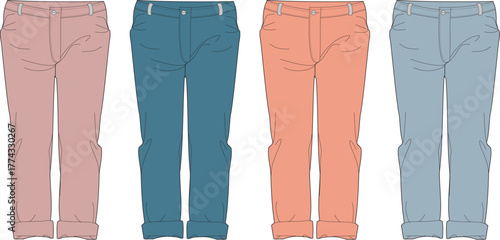 Stylish vector illustration showcasing a quartet of casual trousers in contemporary pastel shades, perfect for fashion concepts and apparel design resources