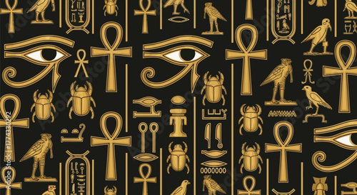 Discover ancient Egyptian symbols like the Ankh, Eye of Horus, and scarabs in a stunning golden pattern on black, perfect for historical designs.