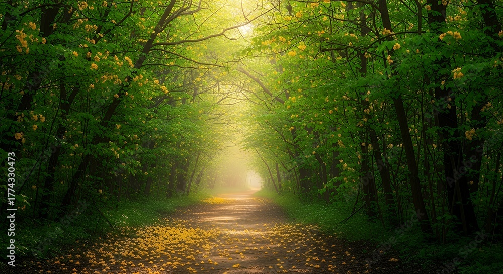 Obraz premium Sunlit Forest Path with Yellow Flowers and Lush Green Trees
