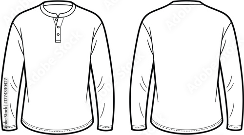 Foto Men long sleeve henley shirt front and back flat sketch, fashion design template