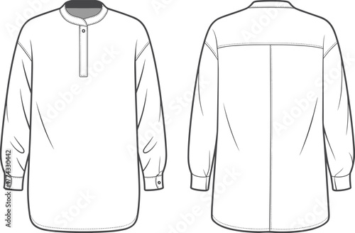 Long sleeve tunic shirt front and back view, fashion design template, cad drawing flat vector illustration