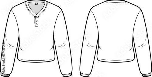 Obraz na płótnie Casual long sleeve henley sweatshirt front and back flat sketch, fashion design