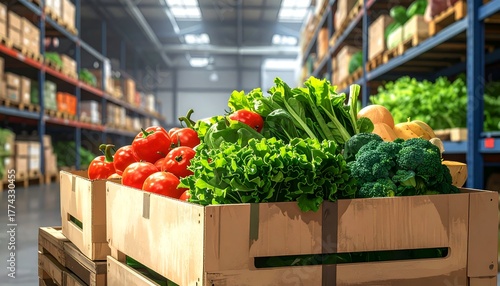 Fresh vegetables and fruits in wooden crates inside a vibrant produce warehouse with green foliage