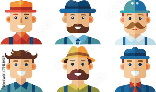 Diverse collection of six cartoon men with various hats and facial hair styles representing different professions
