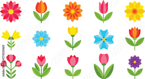 Vibrant collection of stylized spring flowers in various shapes and bright colors against a white background Art & Illustration
