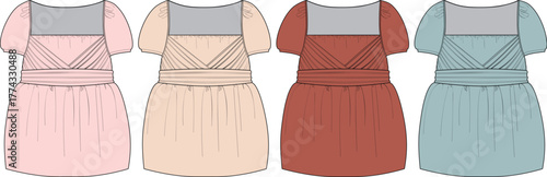 Collection of four girls' dresses in different colors and styles, perfect for children's fashion