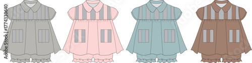 A fashion design technical flat illustration of a classic children's two-piece summer outfit, showcasing four different colorways including grey, pink, blue, and brown