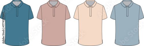 Versatile flat vector illustration showcasing a collection of four blank polo shirts in various subtle colors, perfect for fashion design concepts and apparel mockups