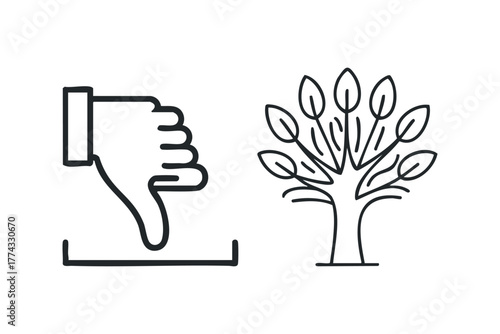 Line art thumbs down gesture next to stylized tree