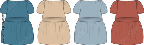 Collection of women's off-shoulder puff sleeve dress technical flat sketches. Fashion illustration vector set for clothing design and tech packs