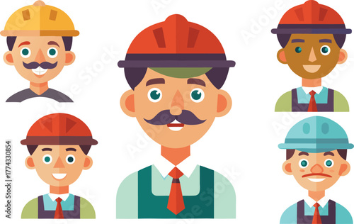 Diverse group of smiling construction workers wearing hard hats and work overalls representing a team of skilled professionals Art & Illustration