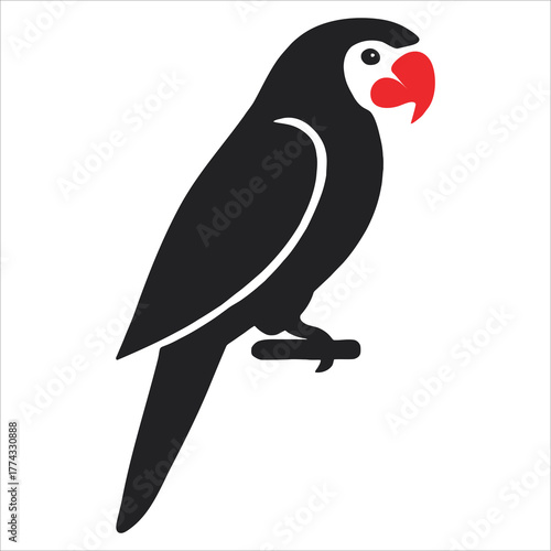 Black Parrot Silhouette with Red Beak Vector Icon