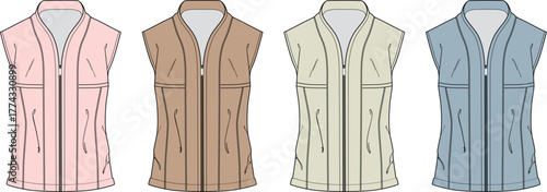 Fashionable sleeveless jackets in four pastel colors, perfect for a casual yet stylish outfit