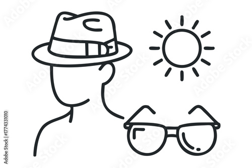 Person with hat, glasses and sun icon outline