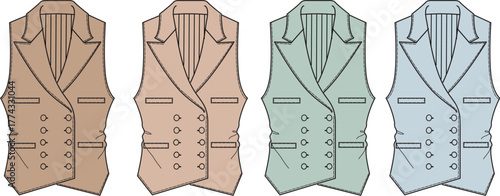 Apparel design concept featuring a collection of fashion flats for a classic double-breasted vest, presented in a palette of four colors