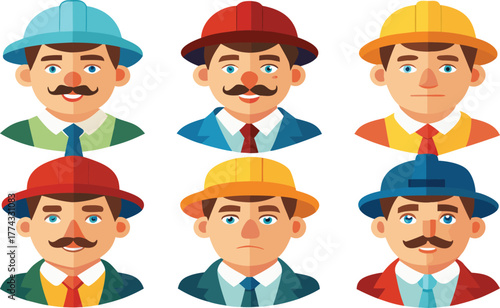 Collection of six diverse cartoon men s portraits featuring different hats and moustaches for various professions Art & Illustration