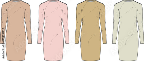 Vector illustration set of a basic long sleeve high neck midi dress. Fashion flat sketch template in multiple colorways