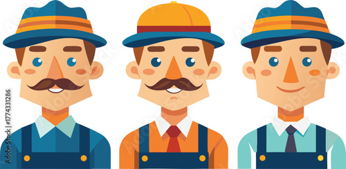 Three cheerful cartoon men wearing hats and overalls representing teamwork and a friendly workforce Art & Illustration