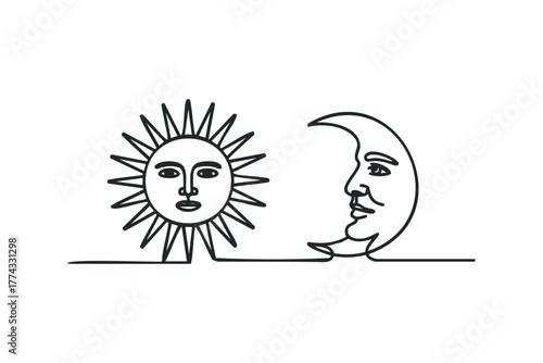 Sun face and crescent moon with human profile side by side