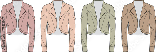 Elegant Cropped Blazer Outlines Fashionable Women's Jacket Design in Various Color Palettes