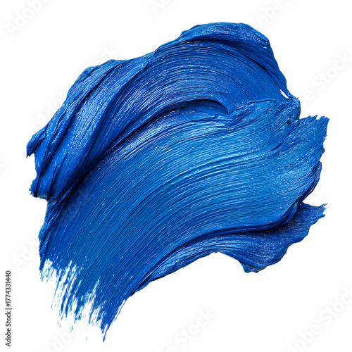 A close up of a vibrant blue paint smear with visible brush strokes on a transparent background