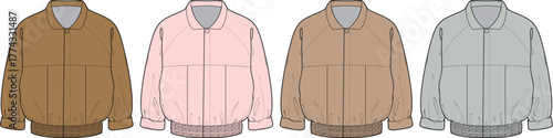 Men's bomber jacket fashion flat vector template set. Outerwear apparel design technical sketch with multiple color options for clothing collection